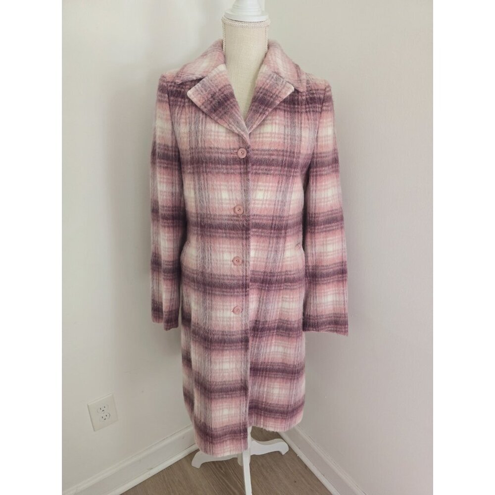 Hennes HM Vintage Pink Plaid Wool Blend Single Breasted Long Mid Coat 10 M